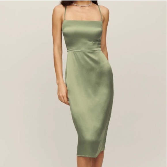 Reformation Oaklie Silk Slip Midi Dress Artichoke Green Size 10 - Picture 1 of 14